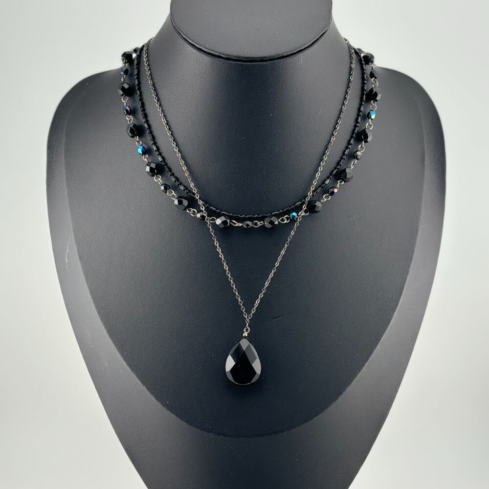 3 Strand Beaded Necklace with Black Teardrop Pendant